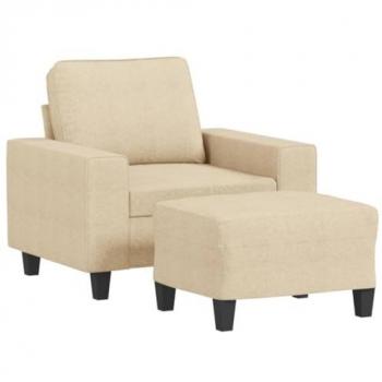 Sillón con taburete de tela crema 60 cm, con respaldo y reposabrazos, ideal para salón y descanso