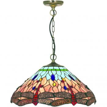 Lámpara colgante Tiffany Dragonfly de latón envejecido, color rojo y azul, con vidrio estilo Tiffany, 1 bombilla E14 y altura de 112 cm