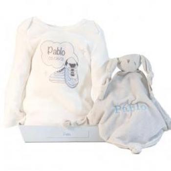 Canastilla personalizada Bebé de París - body y doudou azul