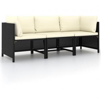 Sofá de jardín de 3 plazas con cojines ratán sintético gris y negro, conjunto de muebles para terraza y jardín exterior
