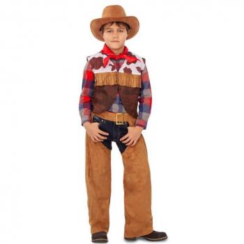 Disfraz de Cowboy con Flecos para niño, incluye chaleco con flecos, sombrero de vaquero, pantalones y camisa a rayas, talla 7-9 años
