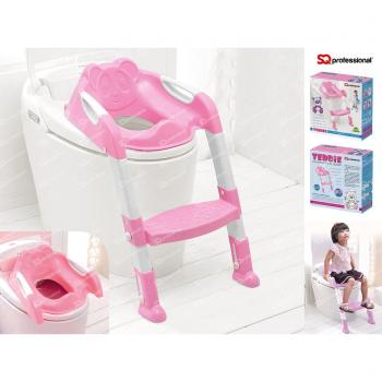 Asiento de inodoro con escalera SQ PRO Teddie Baby, de color rosa, para entrenamiento de baño