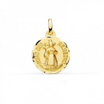 Medalla de Oro 18k Niño del Remedio con Borde Tallado Redonda de 16mm [AC1049GR]