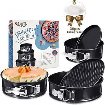 JOYXEON Molde de Horno Desmontable 3 Piezas Set, Moldes Desmontables para Tartas, Fondo Desmontable, Revestimiento de Teflón, 12/18/22cm Redondo Spring Forma Set con 30 Hojas Papel de Hornear