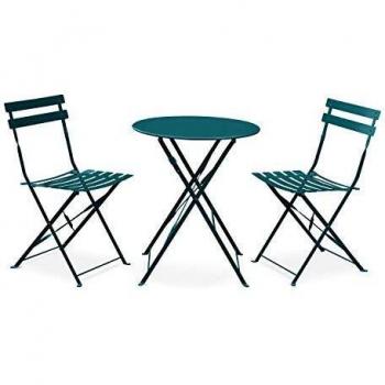 Mesa de jardín cuadrada plegable Emilia azul pato con 2 sillas de acero pintado en polvo, 60x60x71 cm