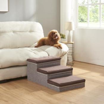 Escalera para perros y gatos Vojens 3 niveles MDF imitación cuero 75x40x30 cm - Marrón/Gris con tapa extraíble y espacio de almacenamiento
