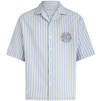 Etro Men's Logo Cotton Shirt, Short Sleeve, Clear Blue, Size Small