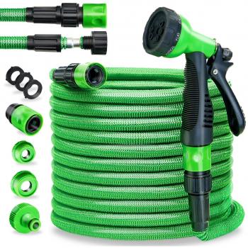 Manguera Flexible de Jardín 7,5m Verde con 9 Patrones de Pulverización y Extensión Ajustable