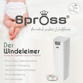 Cubo de Basura para Pañales Spross con Primera Recarga - Sistema Hermético y Manejo con una Mano, Color Blanco-Gris