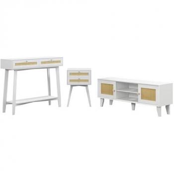 Conjunto Bohemio para el Hogar - Mueble de TV (hasta 55), Mesa Consola y Mesita de Noche en Melamina Blanca