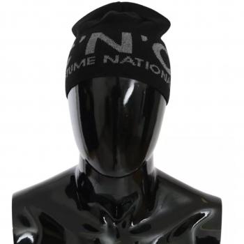 Costume National Black Wool Blend Branded Beanie Hat