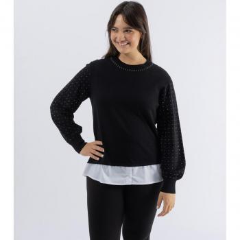 October - Jersey de mujer con mangas abullonadas y strass, suéter de punto con tachas, mangas amplias y faldón