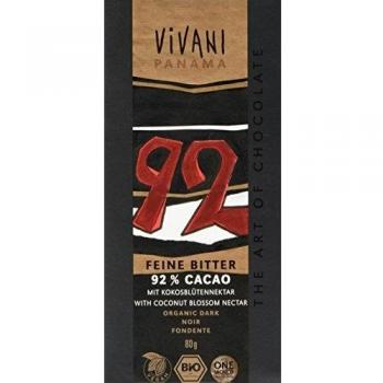 CHOCOLATE BIO NEGRO 92% PANAMÁ CON AZÚCAR DE COCO 80GR VIVANI