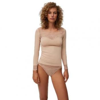 Camiseta Manga Larga Encaje Escote y Puños Nude Ysabel Mora