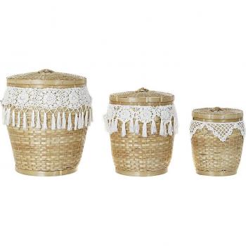 Conjunto de 3 Cestas Decorativas de Bambú con Flecos - Estilo Boho