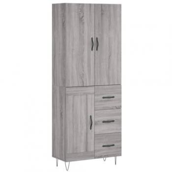 Aparador alto de madera contrachapada gris sonoma 69,5x34x180 cm con 1 puerta de madera y 3 cajones, mueble de almacenaje moderno para salón