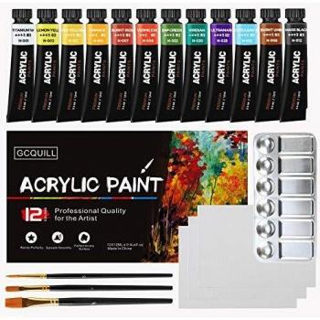 hhhouu Set de Pintura Acrilicas, Tubos de 12ml, 12 Colores, 4 Piezas pinceles, 3 Paneles de Lienzo, 1 Paleta, para Artistas, Pricipiantes y Niños GC-AP12