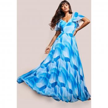 Blue Printed Chiffon Pleated Maxi Dress - Size 16 UK