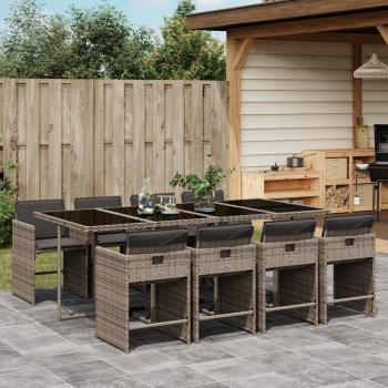 Set de almuerzo de jardín de 9 piezas con cojines de polyrattan gris