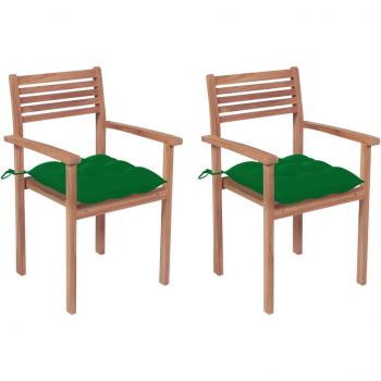 Sillas de jardín 2 uds madera maciza de teca con cojines verdes