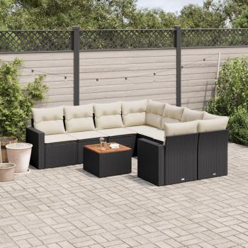 Set de sofás de jardín 9 piezas con almohadas negras en Polyrattan