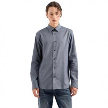 Armani Exchange - Camisa de hombre regular fit azul con microestructura, talla M
