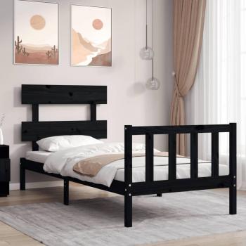 Cama de madera maciza con cabecero negro 90x200 cm