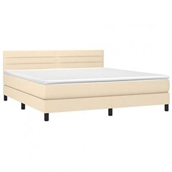 Cama box spring colchón y luces LED tela crema 160x200 cm