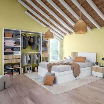 Pack de Muebles de Dormitorio Etnha Estilo Nórdico Blanco Artik y Natur con Cabecero, 2 Mesitas, Cama y Vestidor