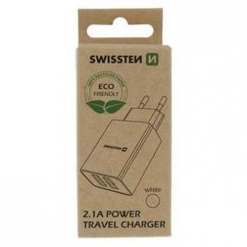 Cargador de Viaje Inteligente Swissten con 2 Puertos USB de Alta Velocidad Blanco Ecológico
