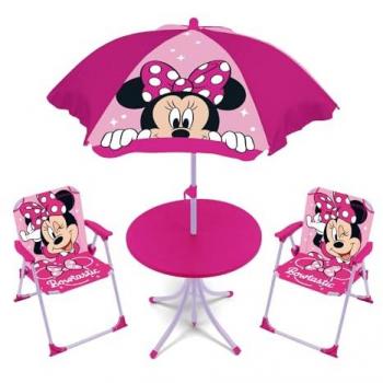 Conjunto de Camping Disney Minnie 4 Unidades con Mesa (50x50x48cm), 2 Sillas (38x32x53cm) y Sombrilla (diámetro 110cm) Metalizado para Exterior