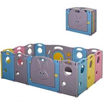HOMCOM Parque Infantil Bebé de 14 Paneles Corralito Plegable con Puerta y juegos para Niños de +6 Meses Interior y Exterior 156x154x59 cm Multicolor
