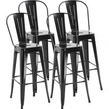HOMCOM Juego de 4 Taburetes Altos de Cocina de Metal con Respaldo Alto y Reposapiés para Comedor 44x49x116 cm Negro