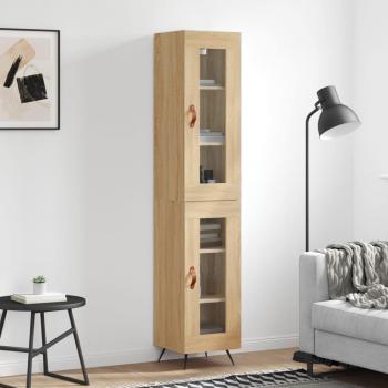 Aparador alto de madera contrachapada roble Sonoma 34,5x34x180 cm con 1 puerta de cristal - Mueble de Almacenaje para salón, Buffet y Armario Auxiliar