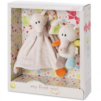 NICI Set de Regalo para Bebés e Infantes - Peluche Elefante Dundi Soft Toy 18 cm + Comforter en Adorable Caja de Regalo (25x25 cm) - Suaves Juguetes y Mantitas
