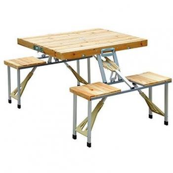 Outsunny Maleta Mesa Plegable Camping Picnic Playa 4 Asiento Agujero de Sombrilla Madera 138x85x68 cm