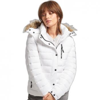 Superdry Women's Short Hooded Puffer Jacket with Faux Fur, White