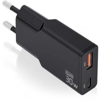 Cargador GaN de Pared Aisens Ultra Delgado 30W - 1xUSB-C PD3.0 y 1xUSB-A QC3.0 Negro