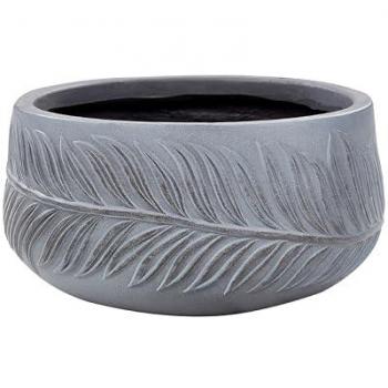 Maceta exterior redonda de fibra de arcilla gris 25 x 25 x 14 cm con motivo de hoja resistente a UV