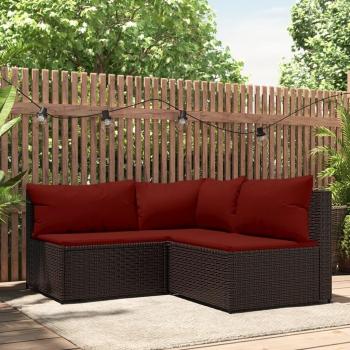 3-Piece Brown Poly Rattan Garden Lounge Set with Cushions