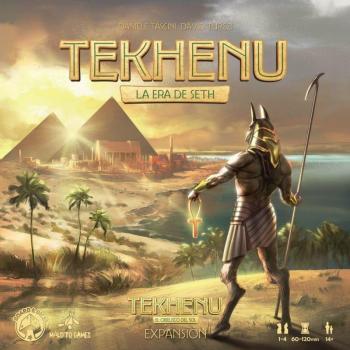 Tekhenu - La Era de Seth, juego de mesa estratégico, temática egipcia, para 1-4 jugadores, duración de 90-120 minutos, incluye componentes como tableros, fichas y dados personalizados