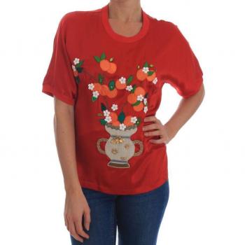 Dolce & Gabbana Red Silk Oranges Floral Crystal Blouse - IT36 | XS, Elegant Red Silk Crystal-Embellished Blouse, Female T-Shirt, Size: 3XS