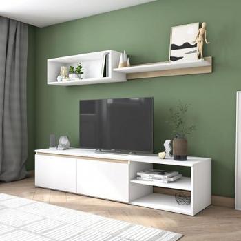 Módulo de TV para Salón Comedor Estilo Nórdico en Color Blanco Mate y Roble Sahara 160 cm