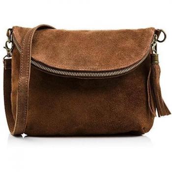 Firenze Artegiani Bolso Bandolera de Mujer en Piel auténtica, Acabado Gamuza, Solapa con Bolsillo con Cierre Cremallera, 24 cm, Marrón Oscuro