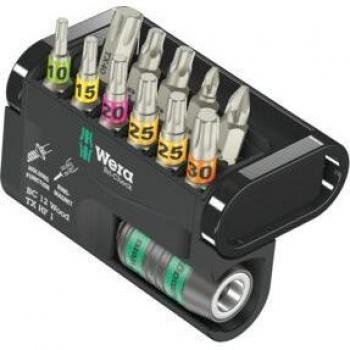 Juego de puntas con porta-puntas Bit-Check 12 Wood TORX HF 1 - Wera, incluye 12 puntas de tipo TORX y PZD, diseño compacto en un soporte portátil, fabricadas en acero de alta calidad