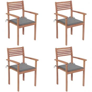 Solid Teak Wood Garden Chairs Set of 4 with Gray Cushions