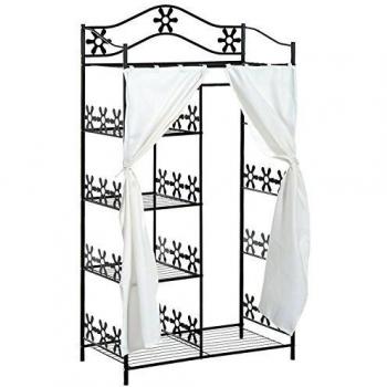 Armario Multi Almacenaje 5 Estantes Metal Negro con Motivo de Flores y 2 Cortinas Blancas 84L x 42W x 159H cm