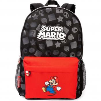 Mochila Super Mario All-Over con diseño de personajes en negro y rojo