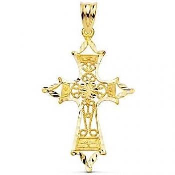 Cruz colgante oro 18k unisex 37mm. filigrana bordes tallados