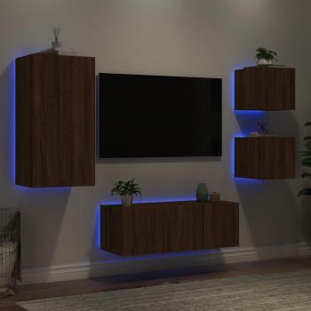 Muebles TV de pared con LED 5 piezas de madera de roble marrón multicapa